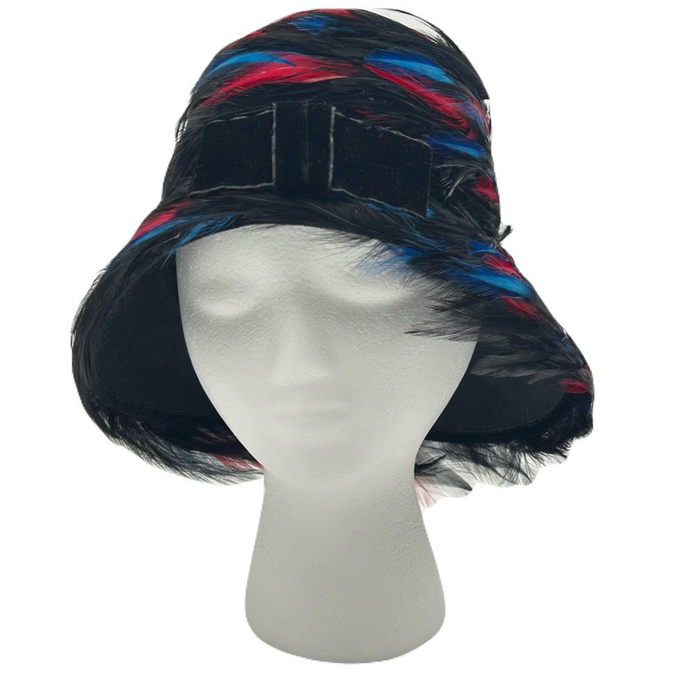 Vintage Black Hat with Red and Blue Feather Trim